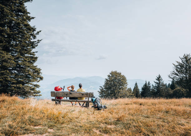 istock Hiking friends relax on grassy mountain ridge 1352422807