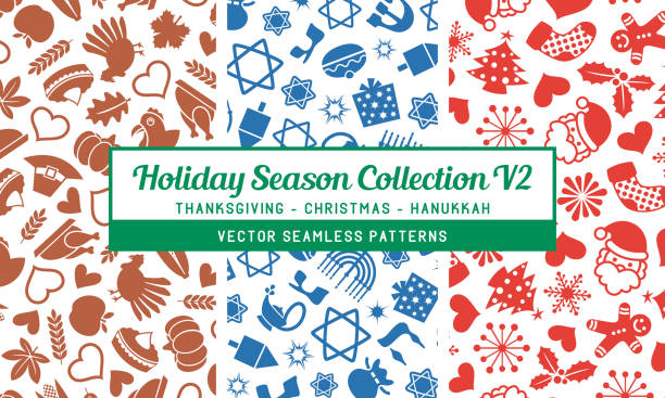 ilustraciones, imágenes clip art, dibujos animados e iconos de stock de colección de patrones sin costuras holiday season - v2 - hanukkah menorah judaism religion