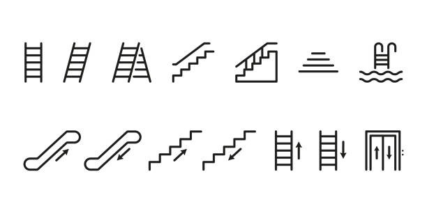 illustrazioni stock, clip art, cartoni animati e icone di tendenza di set di scale line icona. sali o scesi sui gradini. pittogramma lineare delle scale. scala, ascensore, scala, scala mobile, icona del contorno della scala della piscina. tratto modificabile. illustrazione vettoriale isolata - scale