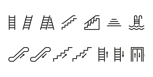 Set of Staircases Line Icon. Climb Up or Go Down on Steps. Stairs Linear Pictogram. Ladder, Elevator, Stairway, Escalator, Pool Stair Outline Icon. Editable Stroke. Isolated Vector Illustration.