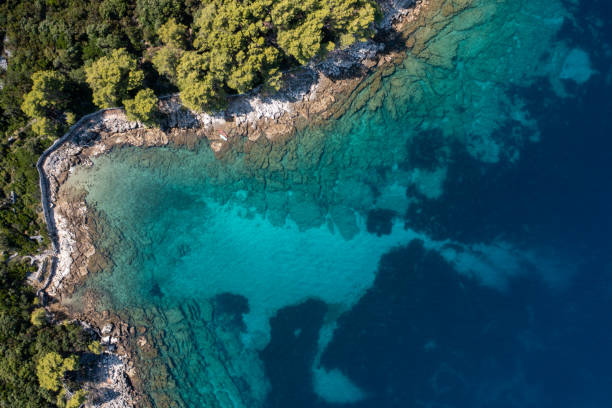 Drone view of the Adriatic Sea and the coastline Aerial view of Hvar island and surroundings. Croatia adriatic sea stock pictures, royalty-free photos & images