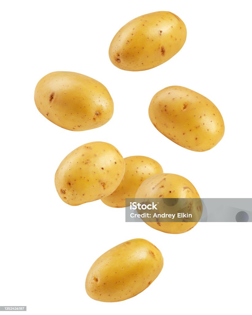 Falling potato, isolated on white background, clipping path, full depth of field Raw Potato Stock Photo