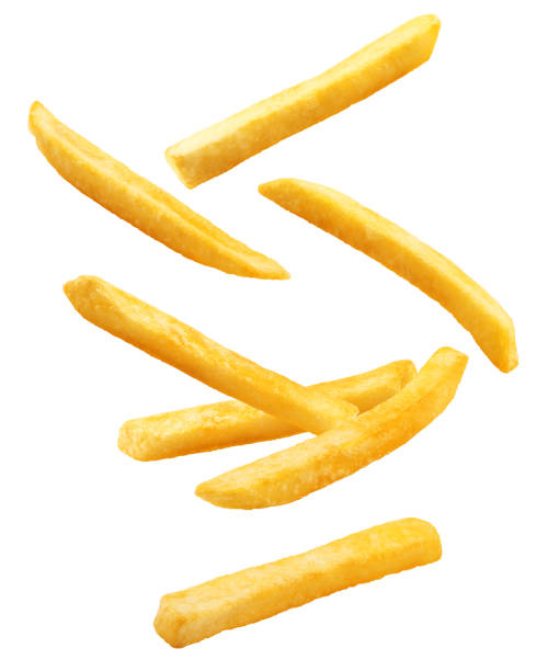 Falling french fries, potato fry isolated on white background, clipping path, full depth of field Falling french fries, potato fry isolated on white background, clipping path, full depth of field french fries stock pictures, royalty-free photos & images