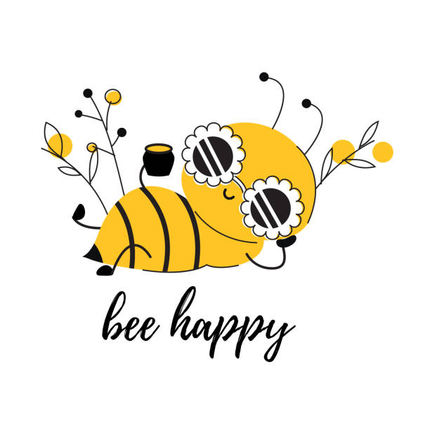 happy bee enjoy relax and typography bee happy vector design für poster, grußkarte oder print - lustige biene stock-grafiken, -clipart, -cartoons und -symbole