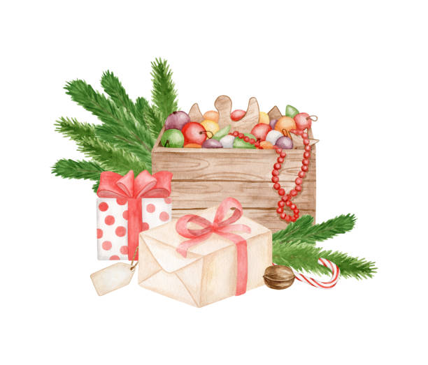 ilustrações de stock, clip art, desenhos animados e ícones de watercolor christmas illustration for cards. hand painted wood box with christmas balls and toys, fir branches and gift boxes with tag isolated on white background. vintage happy new year design. - new years eve christmas paper christmas fir tree