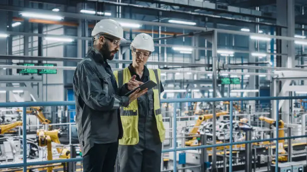 Male Specialist and Female Car Factory Engineer in High Visibility Vests Using Tablet Computer. Automotive Industrial Manufacturing Facility Working on Vehicle Production. Diversity on Assembly Plant.