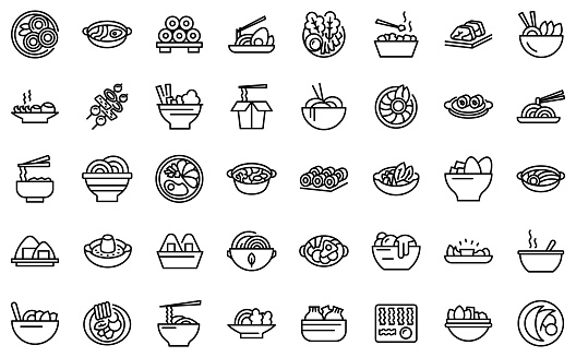 Korean cuisine icons set. Outline set of korean cuisine vector icons for web design isolated on white background