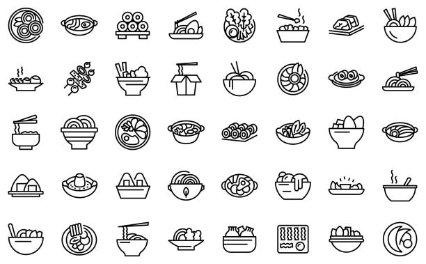 Korean cuisine icons set, outline style Korean cuisine icons set. Outline set of korean cuisine vector icons for web design isolated on white background side dish stock illustrations