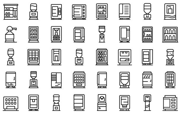 zestaw ikon maszyn do napojów, styl konturu - vending machine stock illustrations