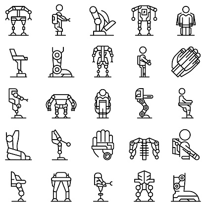 Exoskeleton icons set outline vector. Artificial cyber body. Bionics future