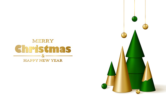 Merry Christmas and Happy New Year background. 3D realistic gold and green decorative Christmas trees and garlands on a white background. Vector illustration.