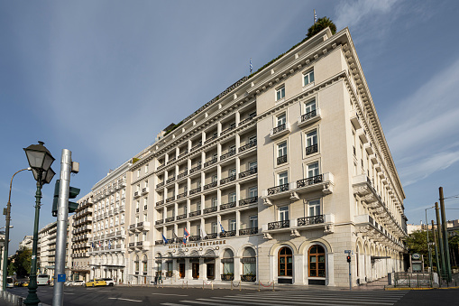 Athens, Greece. November 2021. Panoramic exterior view of the Grande Bretagne hotel in Syntagma Square