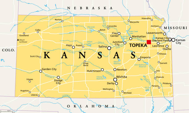 Kansas, KS, political map, US state, nicknamed The Sunflower State Kansas, KS, political map with capital Topeka, important rivers and lakes. State in the Midwestern United States of America nicknamed The Sunflower State, also The Wheat or The Jayhawker State. Vector kansas stock illustrations