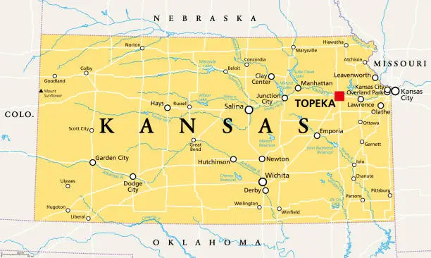Vector illustration of Kansas, KS, political map, US state, nicknamed The Sunflower State