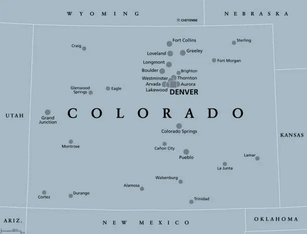 Vector illustration of Colorado, CO, gray political map, US state, The Centennial State