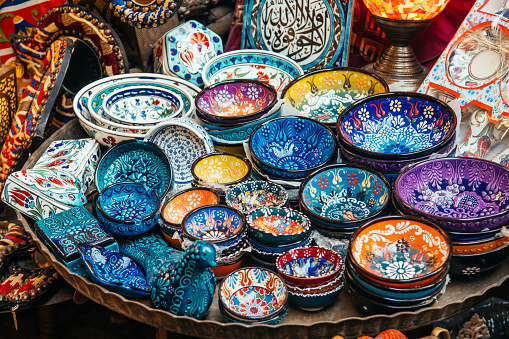 colorful bowl are selling at khan el kalili market in cairo, Egypt