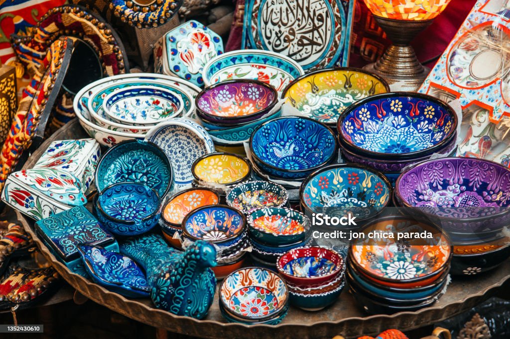 different kind of bowl for sell in a market stall colorful bowl are selling at khan el kalili market in cairo, Egypt Cairo Stock Photo