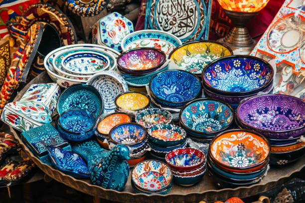 different kind of bowl for sell in a market stall colorful bowl are selling at khan el kalili market in cairo, Egypt cairo stock pictures, royalty-free photos & images