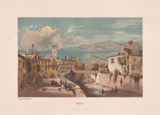 ilustrações, clipart, desenhos animados e ícones de vista histórica do funchal, madeira, portugal, cromatógrafo, publicado em 1890 - beige background ilustrações