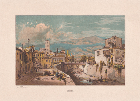 Historical view of the Rivière de Santa Luzia in Funchal, Madeira, Portugal. Nostalgic scene from the past. Chromolithograph after a drawing by Eduard Hildebrandt (German painter, 1818 - 1868), published in 1890.