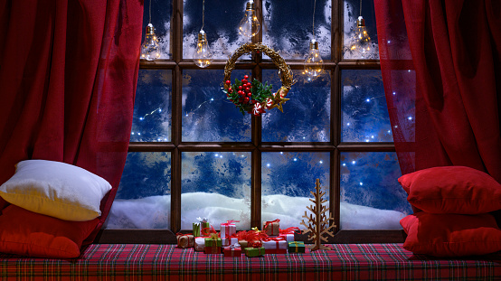 christmas cozy interior background with window sill illuminated with lights