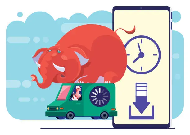 Vector illustration of courier carrying elephant with mini van and waiting for data download with smartphone