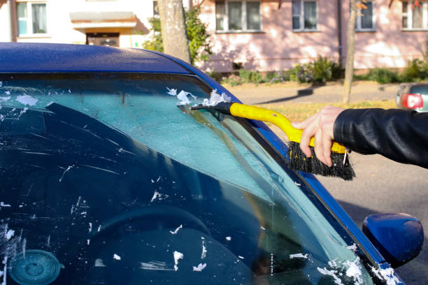 istock Hand cleans windshield of car from ice 1352433830