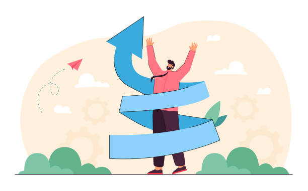 istock Tiny man standing in the center of twist arrow 1352433945