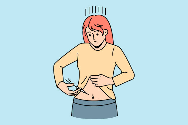 ilustrações de stock, clip art, desenhos animados e ícones de sick woman make insulin injection in belly - syringe vaccination vial insulin