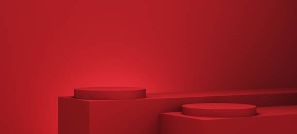 istock 3d red podium. Mock up design on red background 1352436856
