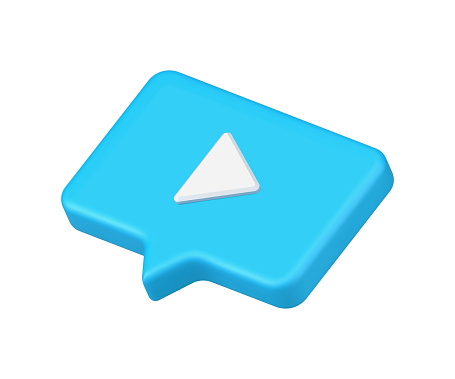 Quick tips video in speech bubble blue 3d badge icon vector illustration. Trendy symbol of multimedia mass media content broadcasting live streaming with play button triangle emblem isolated