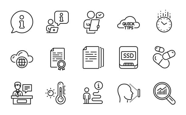 Science icons set. Included icon as Weather thermometer, Ssd, Capsule pill. Vector Science icons set. Included icon as Weather thermometer, Ssd, Capsule pill signs. Copy documents, Certificate diploma, Face id symbols. Customer survey, Quick tips, Data analysis. Time. Vector bureaucracy stock illustrations