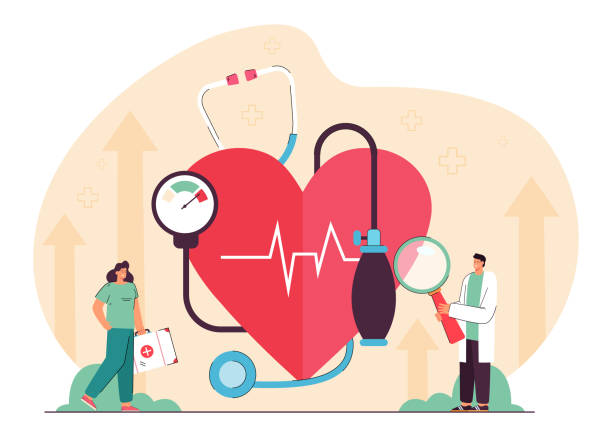 ilustraciones, imágenes clip art, dibujos animados e iconos de stock de pequeño médico y enfermera de cardiología que examinan el corazón, la presión arterial - hipertension