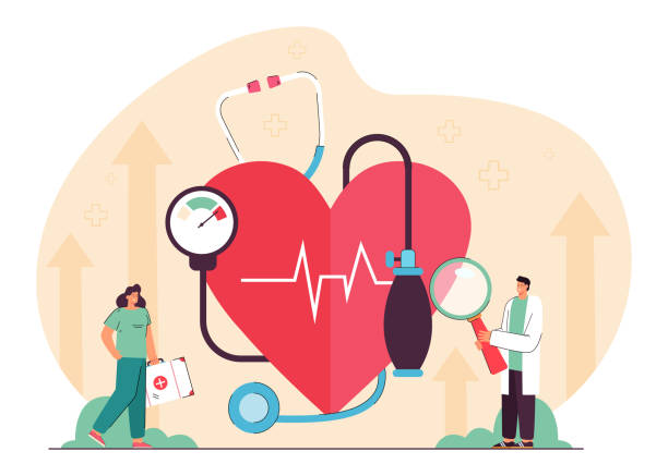 Tiny cardiology doctor and nurse examining heart, blood pressure Tiny cardiology doctor and nurse examining heart, blood pressure, prescribing treatment. Medical cardiovascular checkup flat vector illustration. Anatomy, hospital, heart diseases, health care concept cholesterol screening stock illustrations