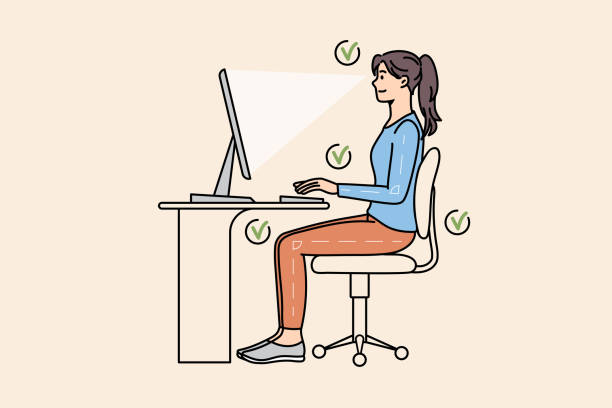 ilustraciones, imágenes clip art, dibujos animados e iconos de stock de mujer trabaja en la computadora en la mesa en la posición correcta - sitting upright
