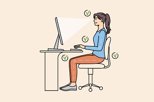Girl sit at desk work on computer in correct position. Young woman keep right distance between eyes and posture at PC table. Ergonomic office job concept. Vector illustration, cartoon character.