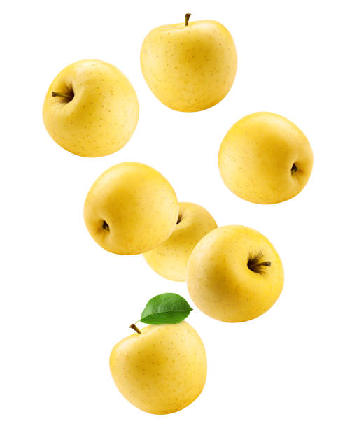 Falling yellow apple isolated on white background, clipping path, full depth of field
