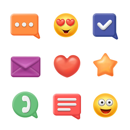 Social media icons. Online social communication in speech bubbles, emoji, hearts, chat, e-mail and chart. 3d vector set.
