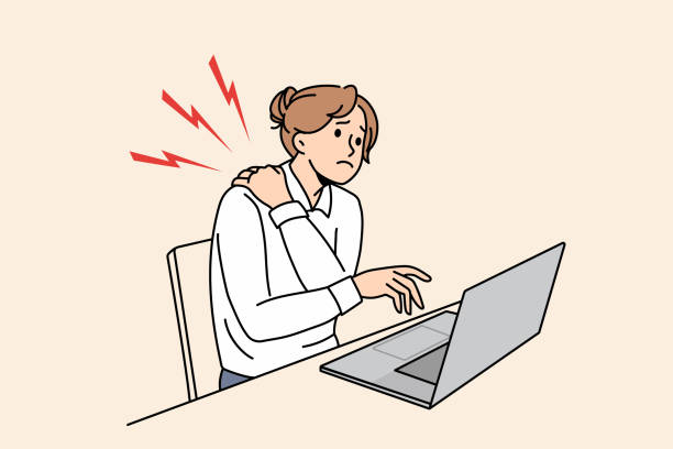 건강에 해로운 사업가는 컴퓨터에서 작업 하는 요통으로 고통 - physical injury backache occupation office stock illustrations