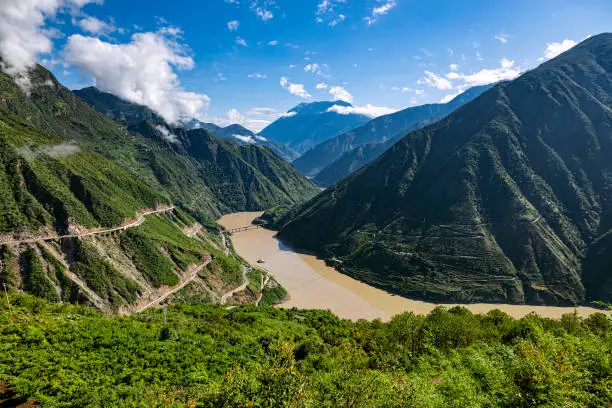 Panorama of mountains in Yunnan Province with Jinsha River, the upper branch of Yangtze river.