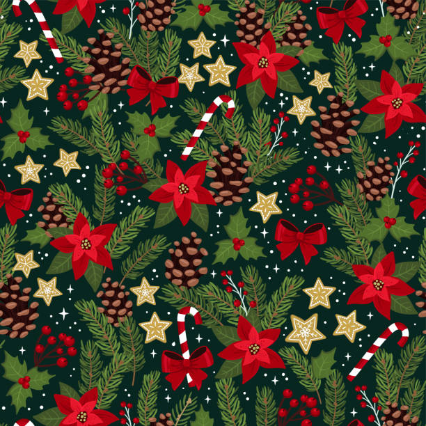 illustrations, cliparts, dessins animés et icônes de beau motif sans couture de noël avec branches, fleurs et décoration, fond mignon et festif, idéal pour les textiles, les emballages, les bannières, les papiers peints - vector design - poinsettia christmas christmas ornament backgrounds