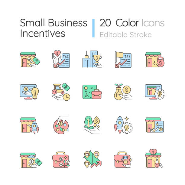 ilustrações, clipart, desenhos animados e ícones de pequenos negócios incentivam ícones de cores rgb definidos - small small business large business