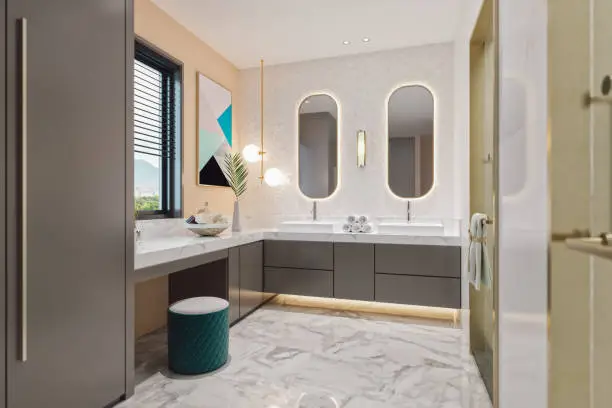 Luxurious modern white marble bathroom.