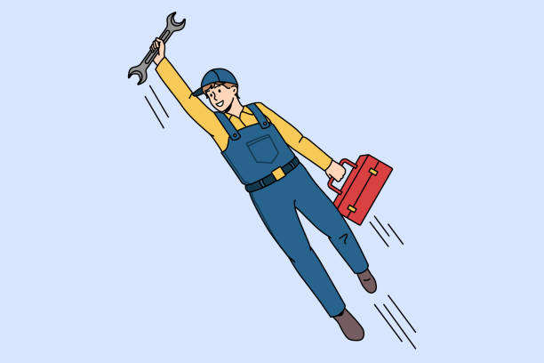 супергерой-сантехник с гаечный ключ мухой для помощи - mechanic plumber repairman repairing stock illustrations