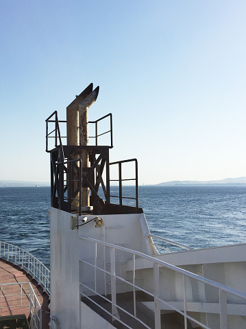 Ferry exhaust with sea and sky background