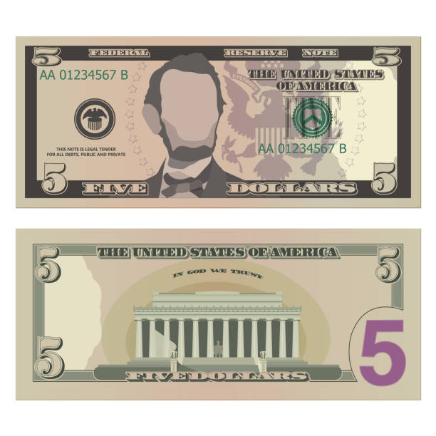 fünf-dollar-schein, 5-dollar-banknote, von vorder- und rückseite. vereinfachte vektordarstellung von usd auf weißem hintergrund - 5 dollar schein stock-grafiken, -clipart, -cartoons und -symbole