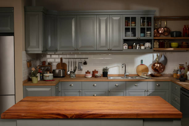 Gray Modern Kitchen with appliances with a wide worktop