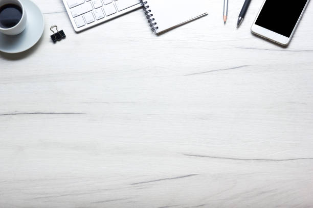 istock Office desk table with supplies. Flat lay Business workplace and objects. Top view. Copy space for text 1352445112