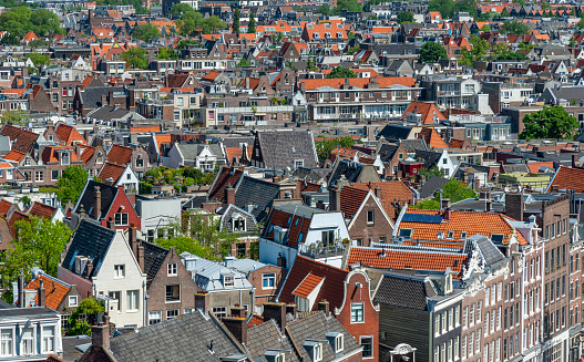 Gouda, The Netherlands - april 2022: Panoramic view the town center of the Dutch city of Gouda, Town hall