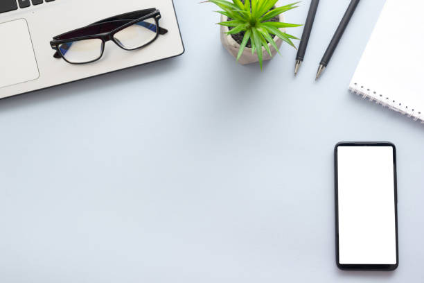 istock Office desk table with supplies. Flat lay Business workplace and objects. Top view. Copy space for text 1352445524